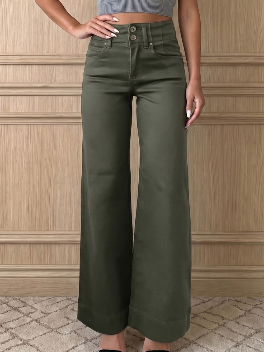 High-Waisted Wide Leg Jeans - Olive Green